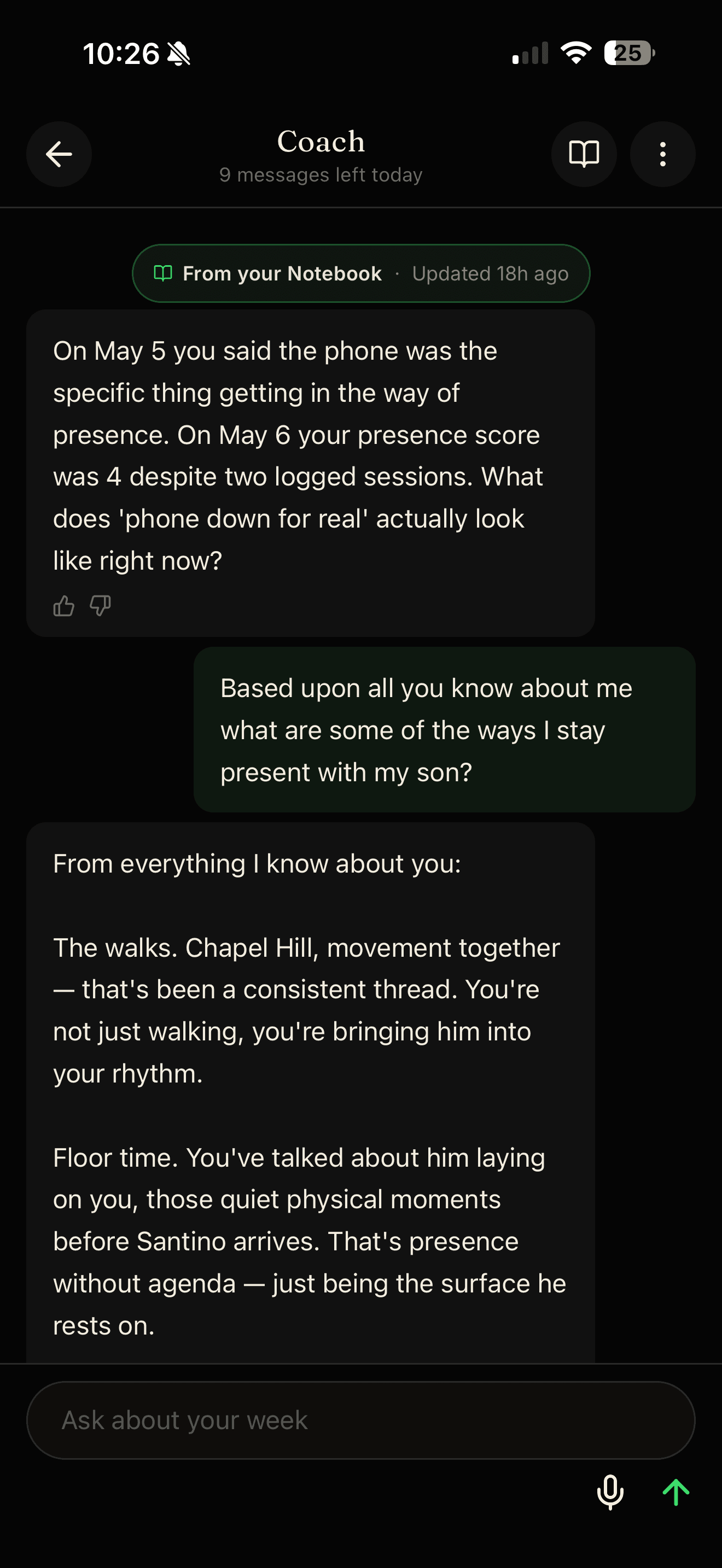 A conversation with your coach — personalized, specific, drawing on the user's reps and check-ins