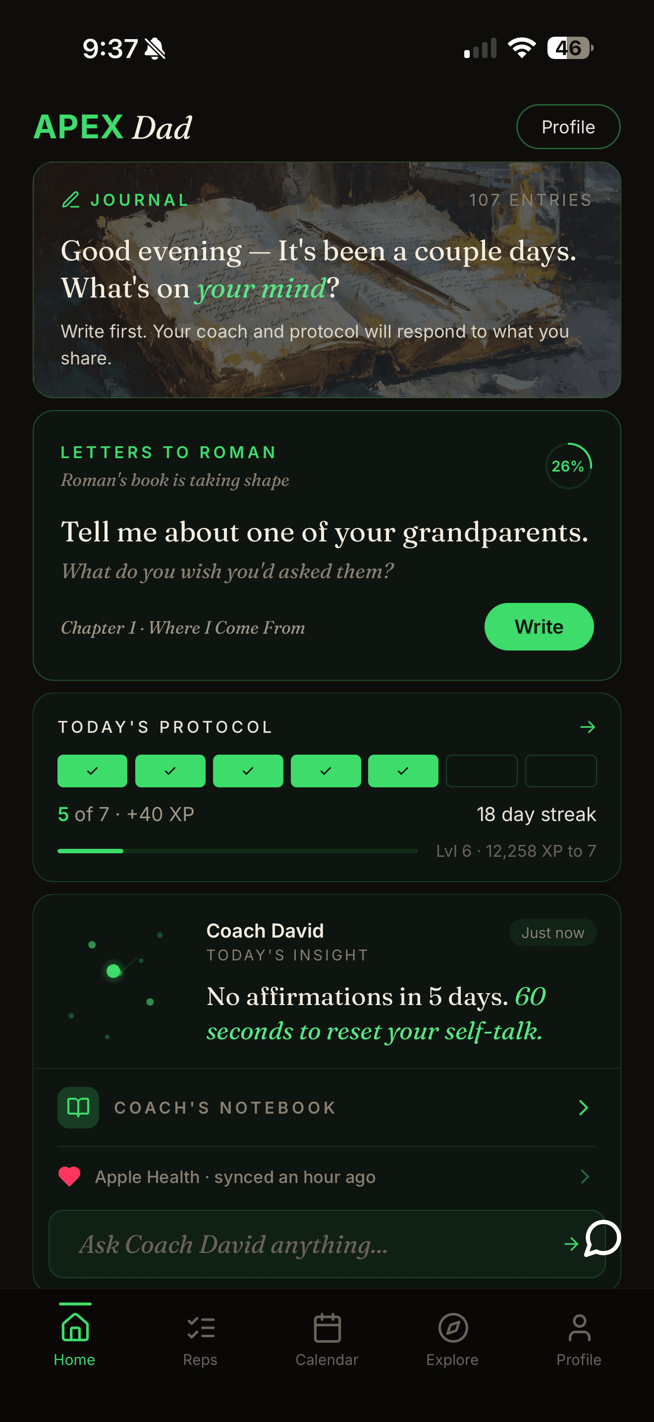 Apex Dad home — Letters to Roman, Today's Protocol, and a personalized note from your coach
