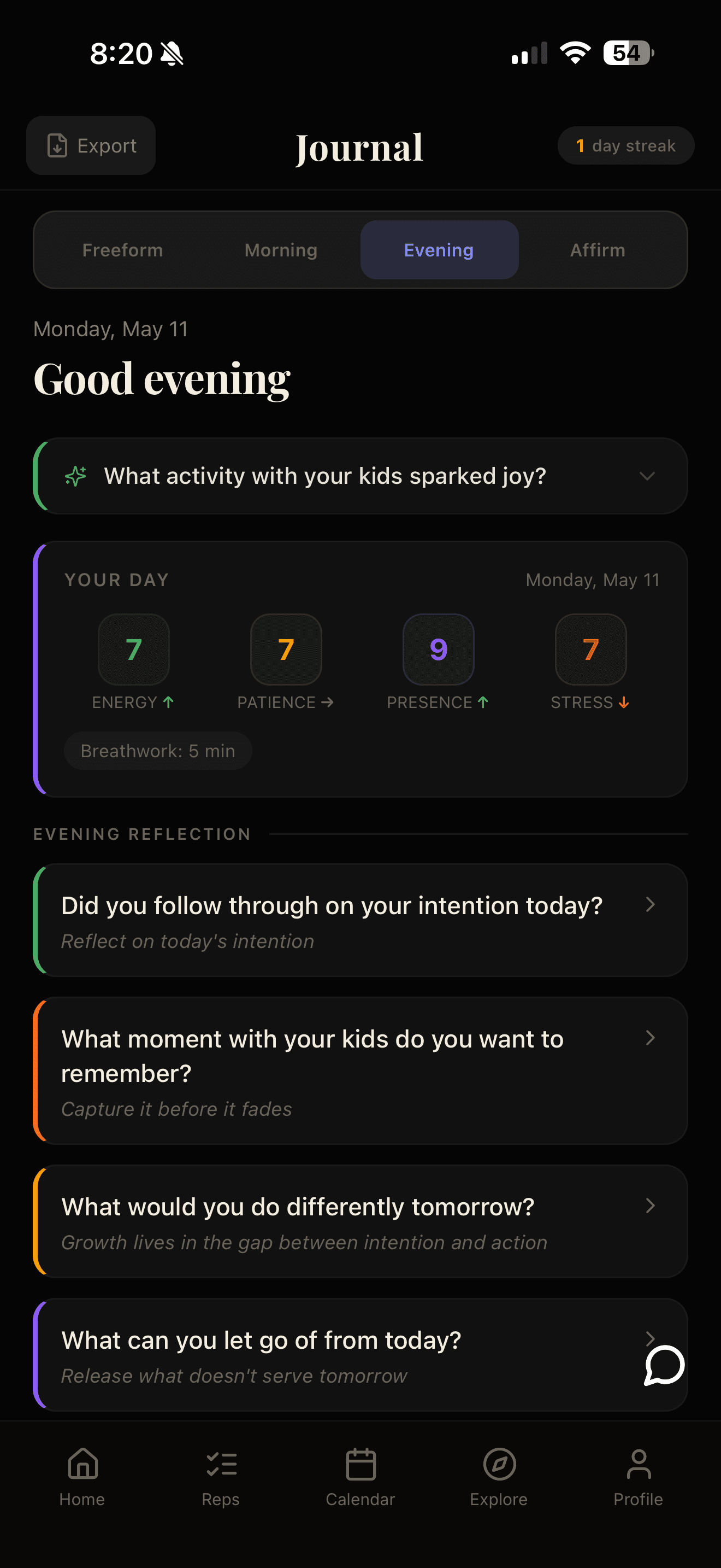 Evening journal — Your Day card with Energy / Patience / Presence / Stress scores