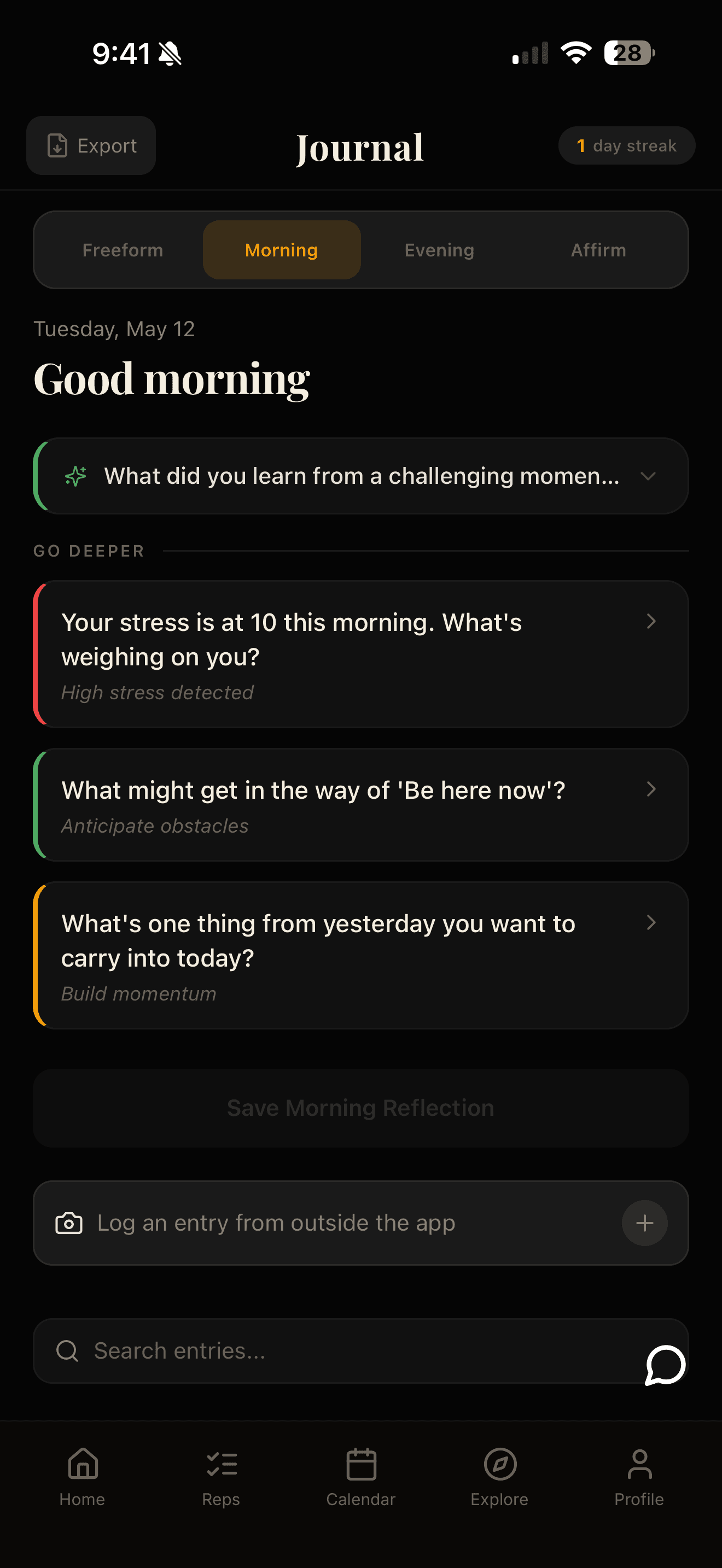 Morning journal — reflection prompts and 'Go Deeper' questions