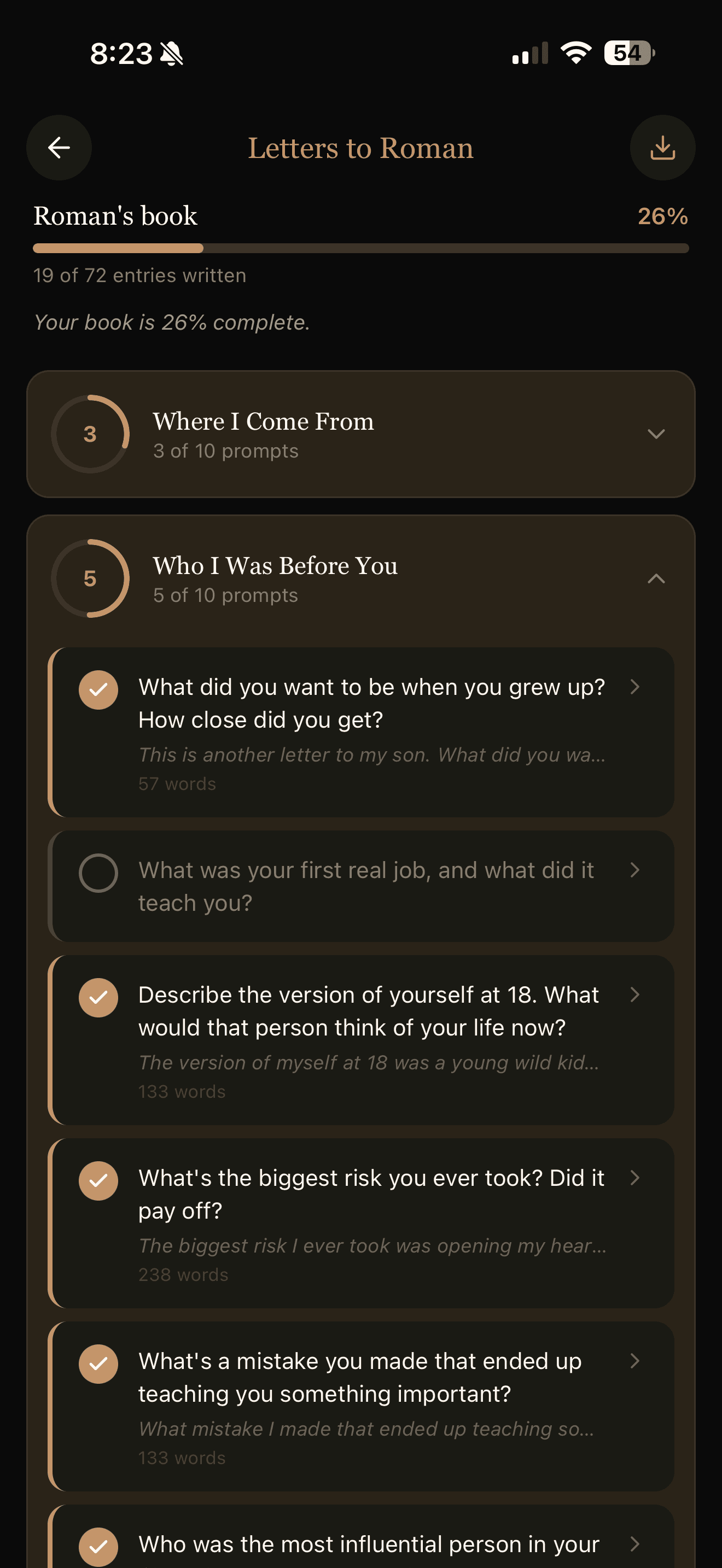 A chapter expanded — written entries with word counts and unstarted prompts waiting