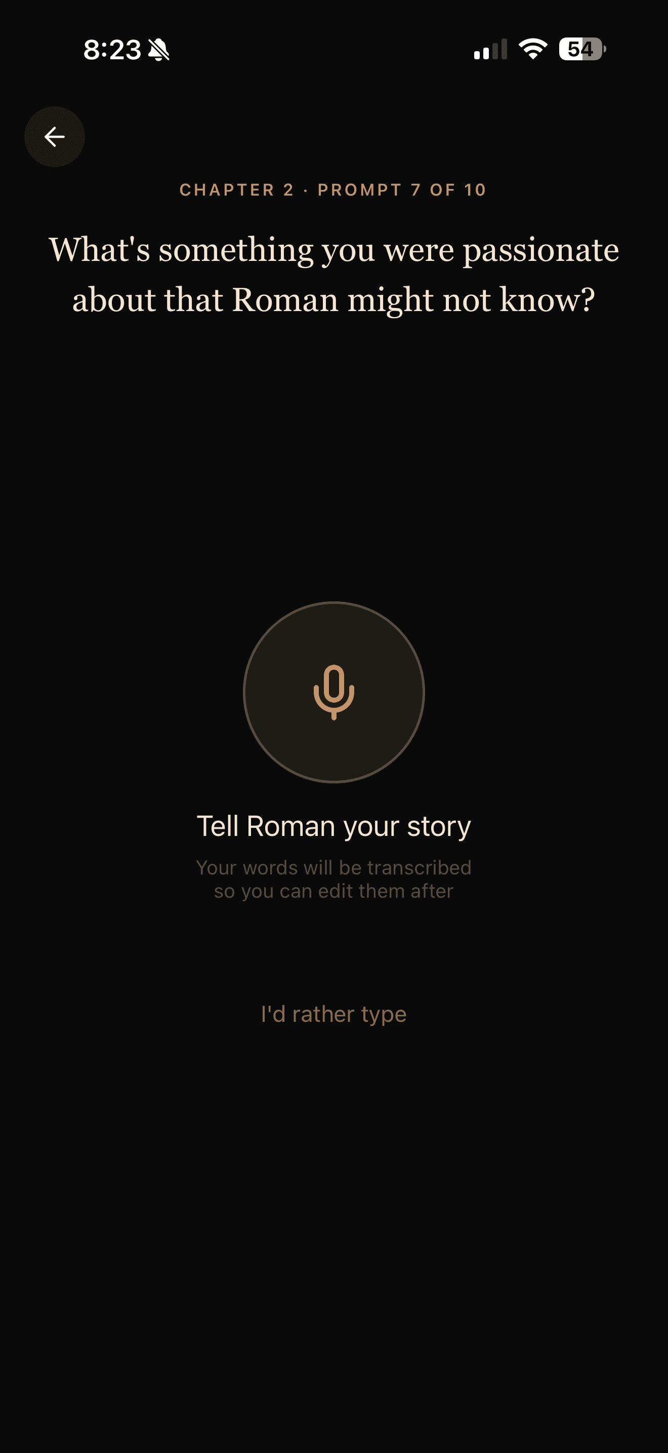 Voice recording screen — 'Tell Roman your story' with a quiet mic button