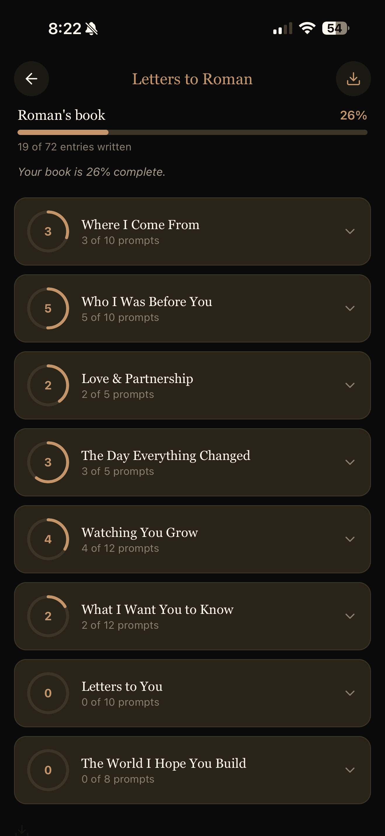 Letters to Roman — eight chapters with progress rings, 19 of 72 entries written