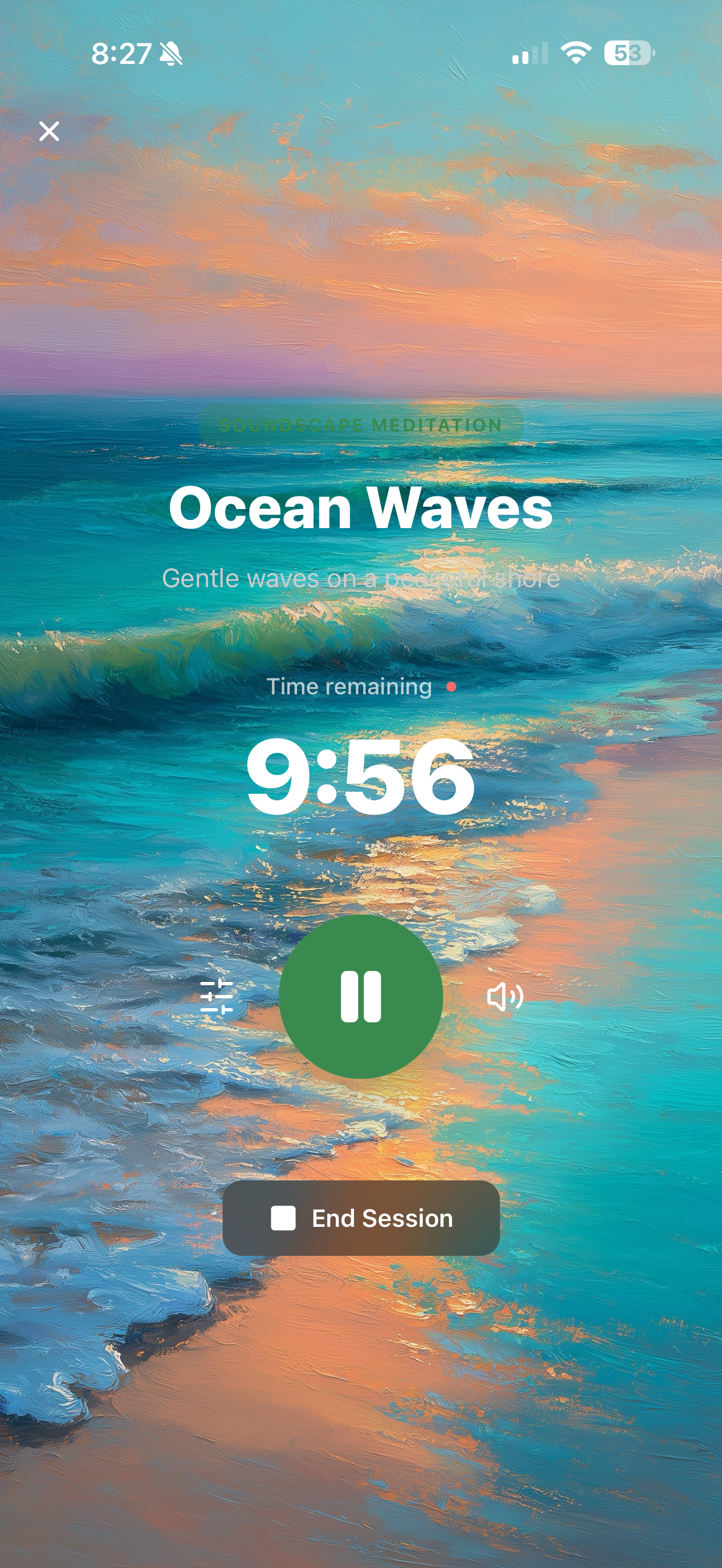Ocean Waves meditation session in progress with painterly sunset backdrop