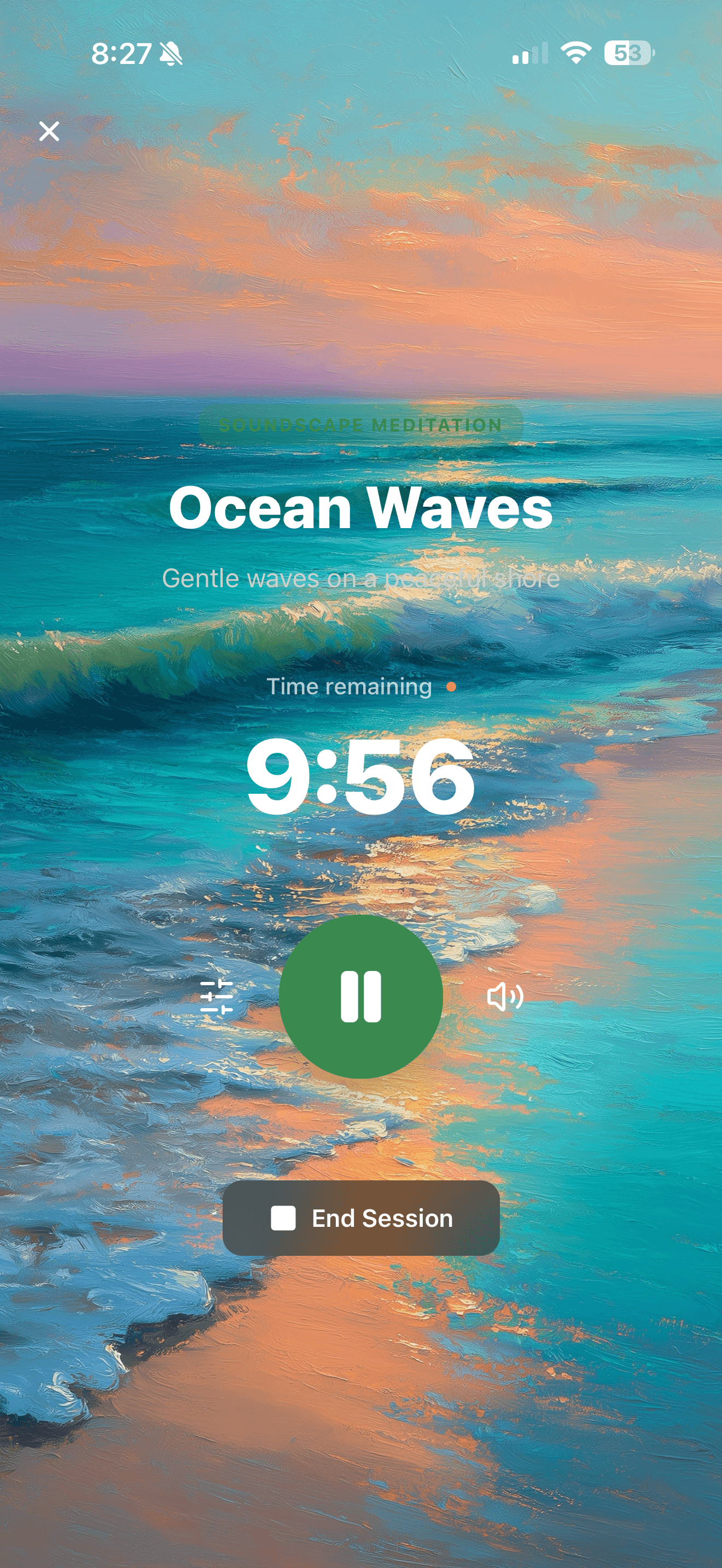 Ocean Waves meditation session in progress with painterly sunset backdrop