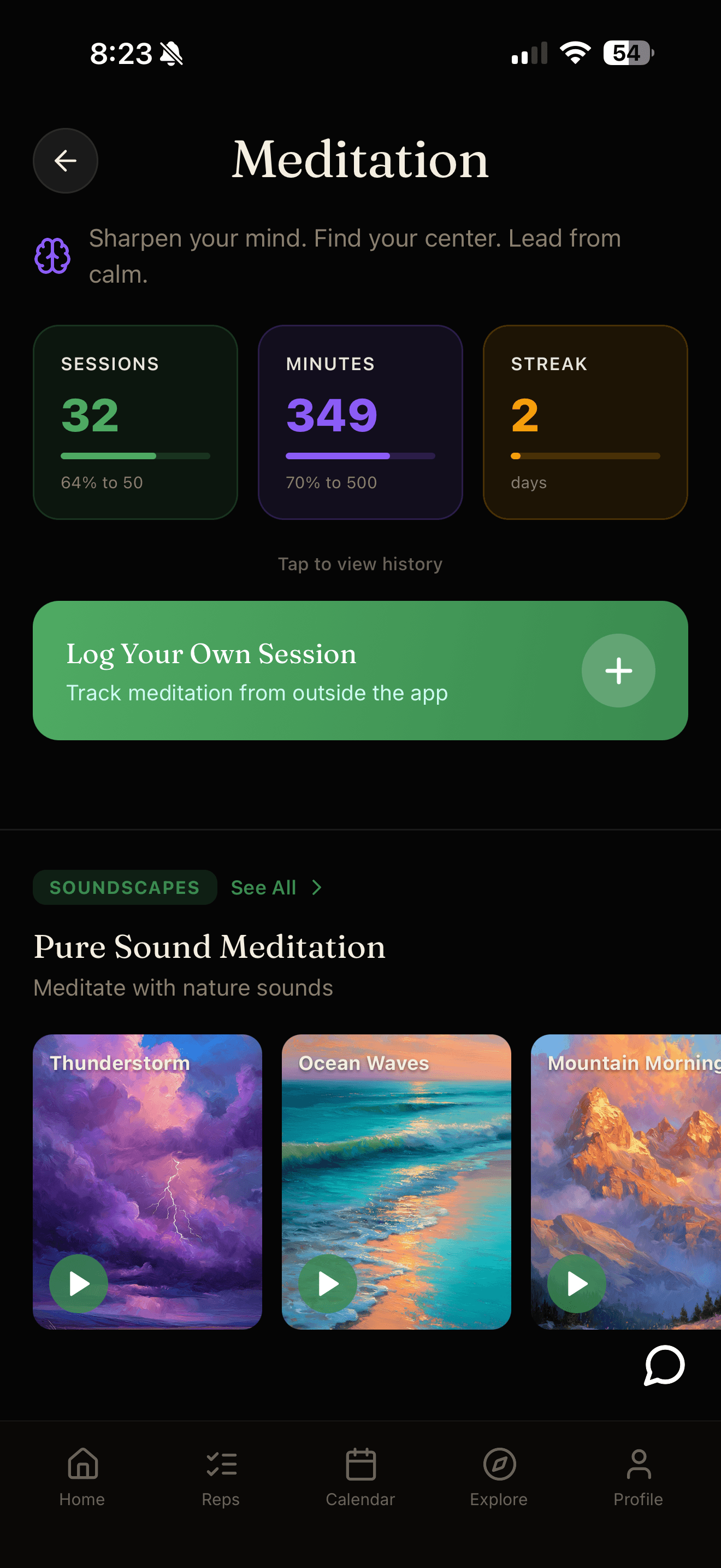 Meditation home — sessions, minutes, streak; painterly soundscape tiles below
