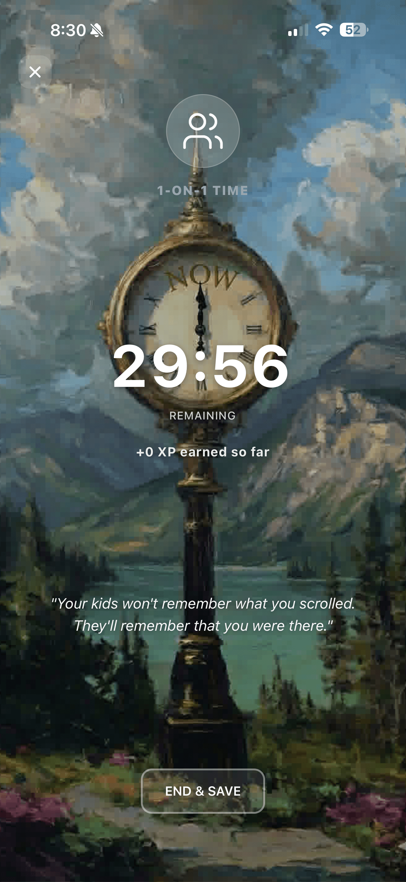 1-on-1 Time presence session — a painterly clock counting down 29 minutes 56 seconds