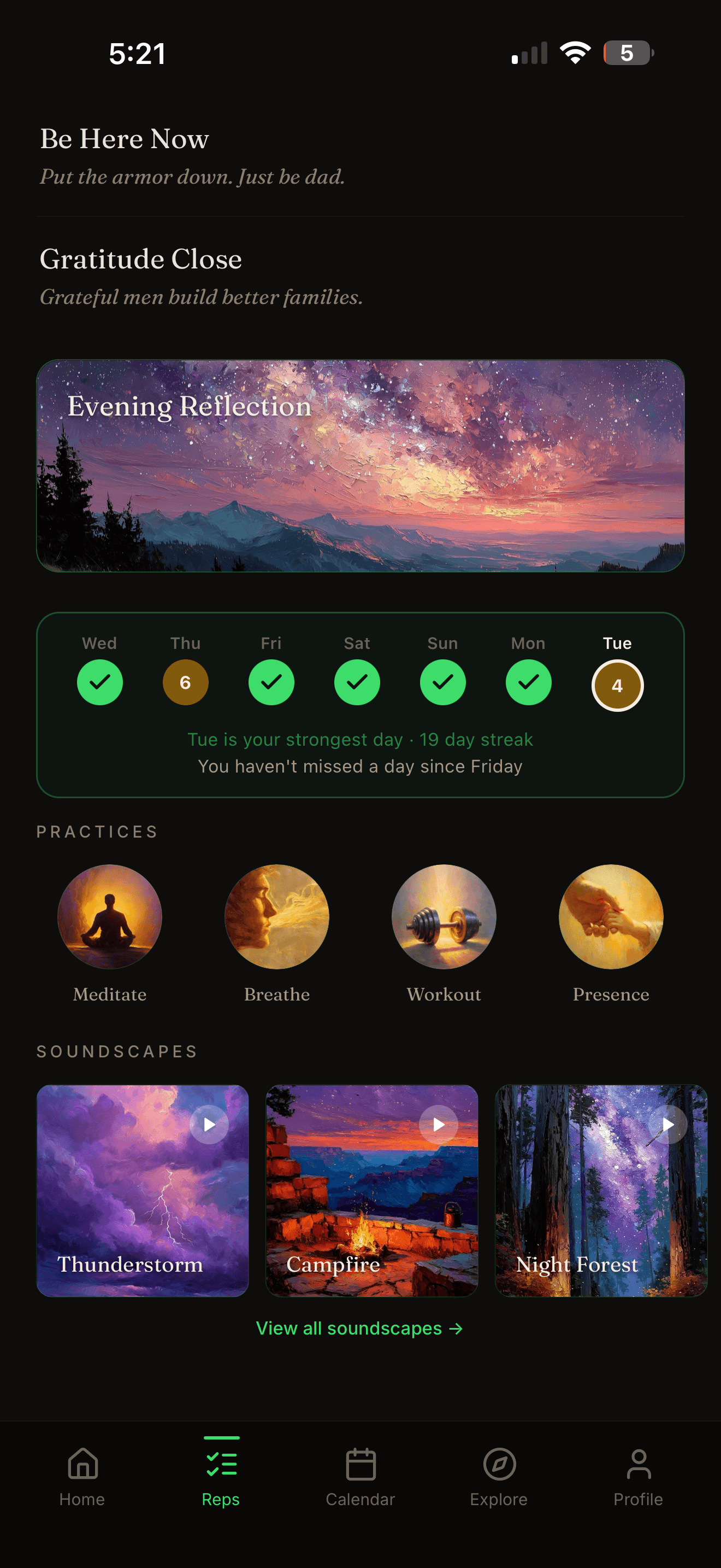 Reps continued — Evening Reflection, weekly streak grid, Practices, and painterly soundscapes