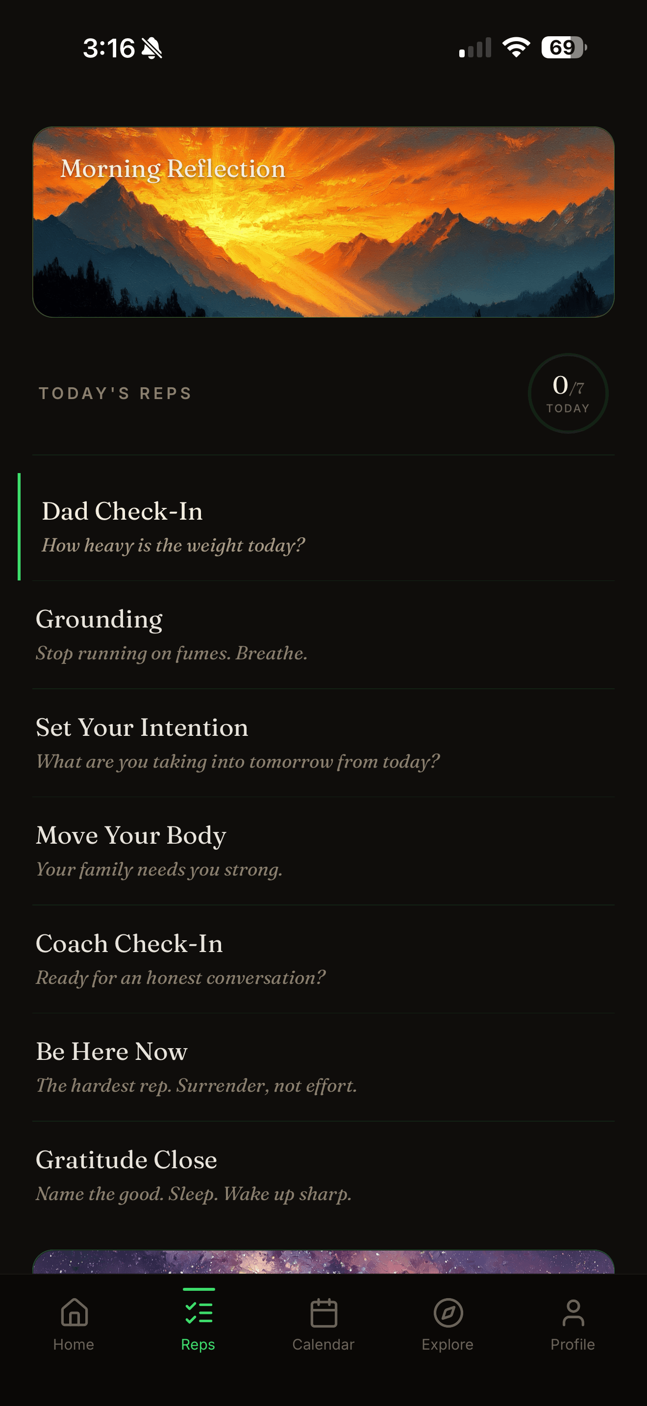 Today's reps — Morning Reflection and the seven named daily reps