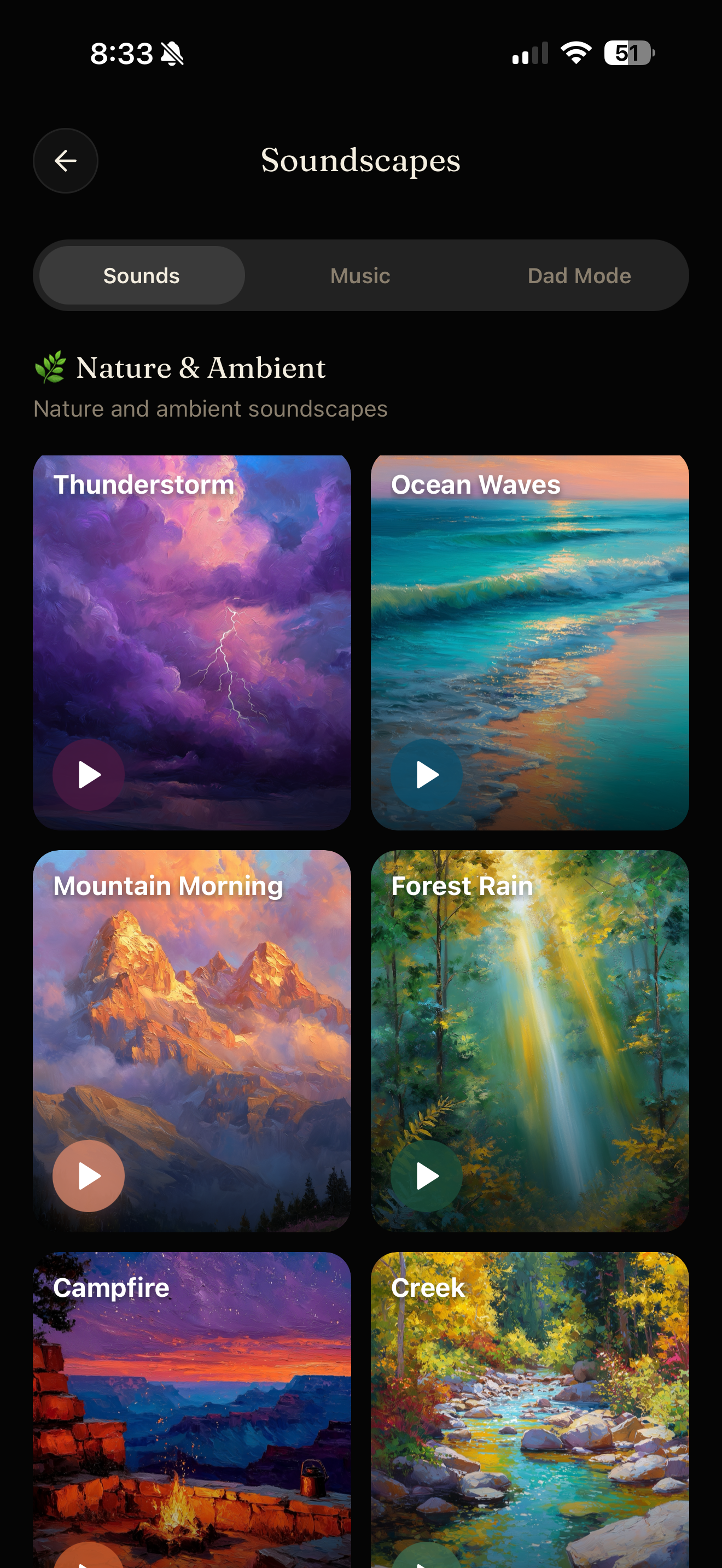 Painterly soundscape gallery — Thunderstorm, Ocean Waves, Mountain Morning, Forest Rain, Campfire, Creek