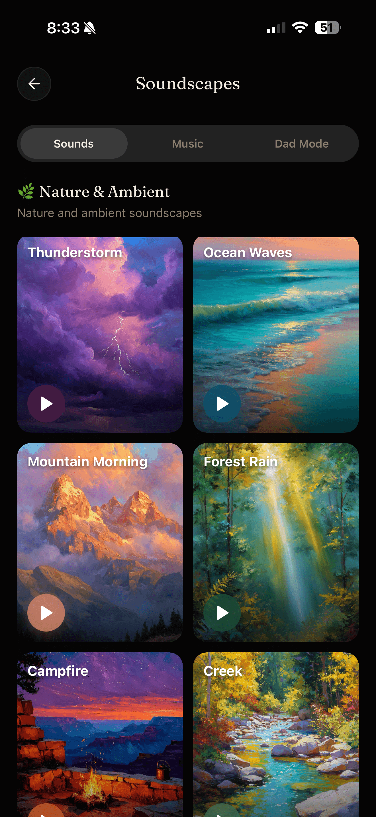 Painterly soundscape gallery — Thunderstorm, Ocean Waves, Mountain Morning, Forest Rain, Campfire, Creek