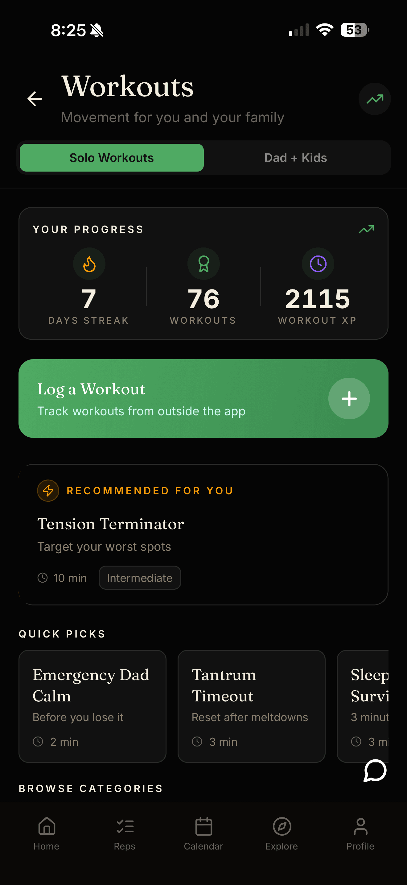 Workouts — solo + Dad+Kids tabs, 7-day streak, recommended Tension Terminator session